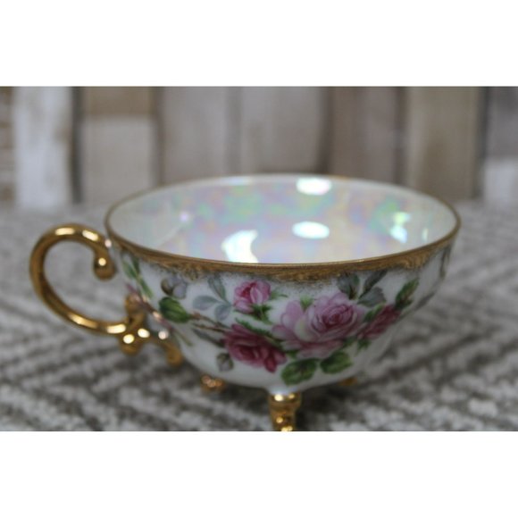 Shafford Lusterware Three Footed Rose w/Gold Trim Tea Cup & Saucer - Picture 3 of 9